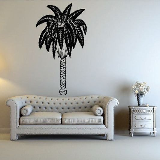 Date palm tree vinyl wall decal, black palm leaves with textured trunk