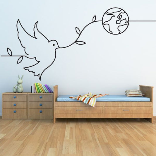 Day of Peace decal with flying dove and globe peace symbol line art