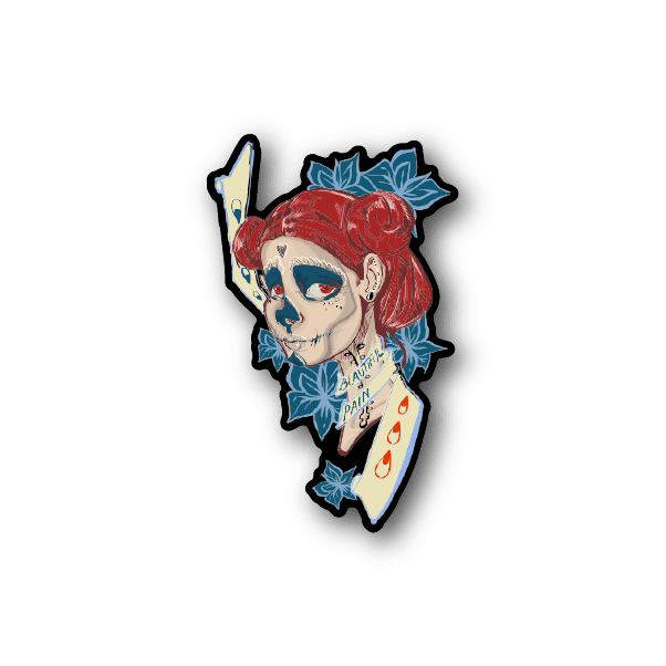 Day of the Dead girl vinyl sticker with red hair skull and blue floral accents