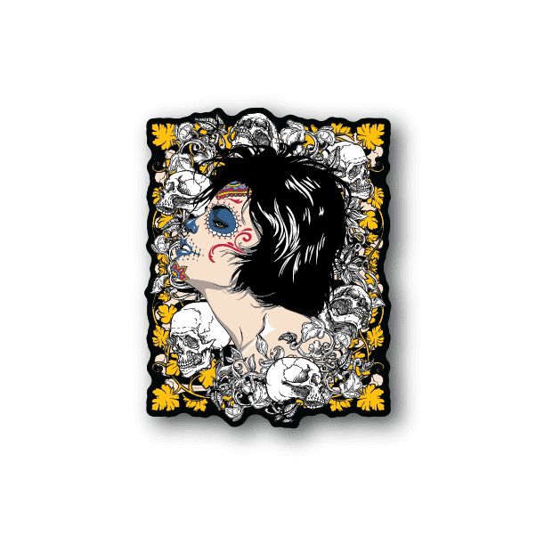 Square vinyl sticker with skull queen portrait, black hair, yellow flowers and gray skulls