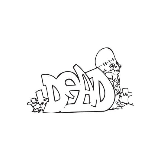 Graffiti-style decal with skull, 'DEAD' lettering, and bones outline