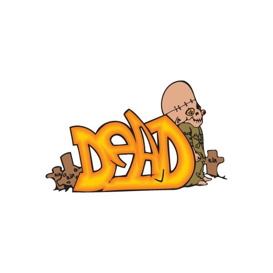 Graffiti-style sticker with orange 'DEAD' text and cartoon figure