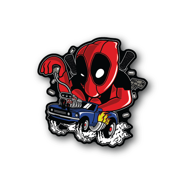 Red hot rod vinyl sticker with cartoon character, car, and exhaust flames