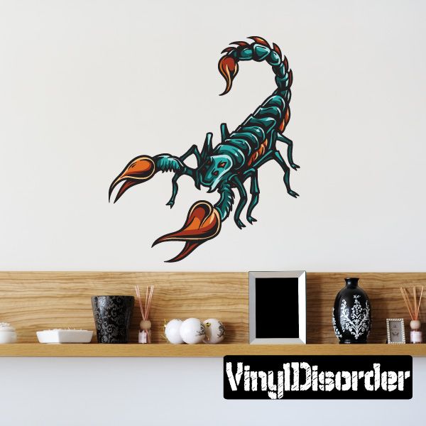 Deadly scorpion sticker, colorful teal scorpion with orange claws and curled tail