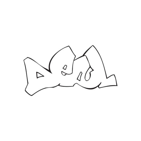 Graffiti decal with outlined deal sign and flame details