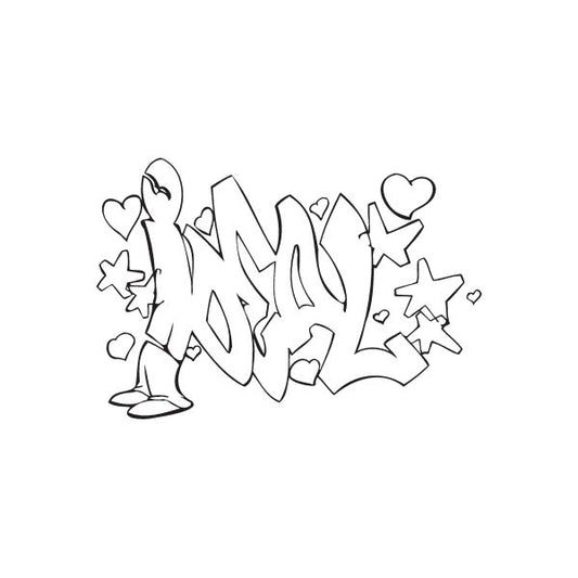 Graffiti decal reading Deal with hearts and star shapes, black line art.