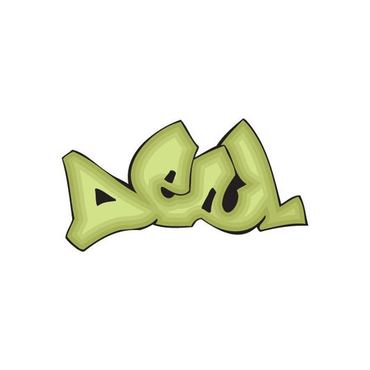 Green graffiti-style sticker with bold tag lettering