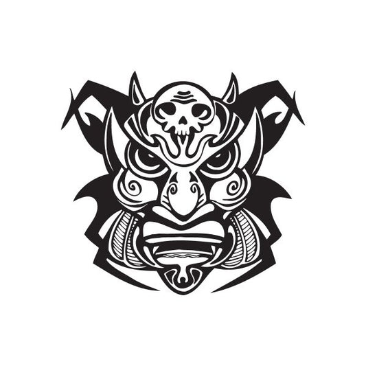 Black and white tiki skull mask decal with tribal swirls and horns