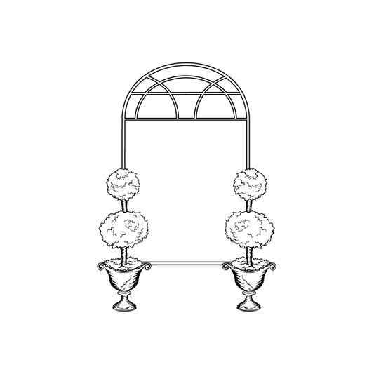 Decorative frame decal with arched frame, ornamental urns, and puffy floral tops