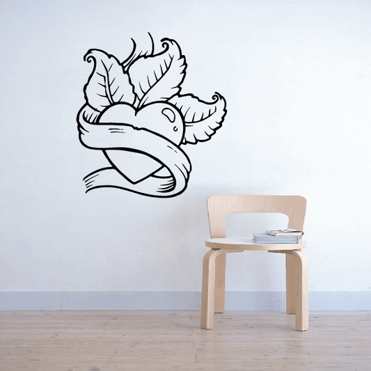Winged heart wall decal with ribbon banner and feather details
