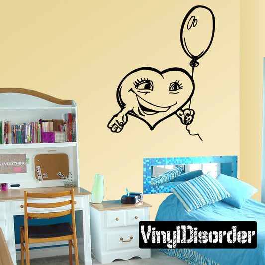 Cartoon child holding balloon wall decal with heart motif