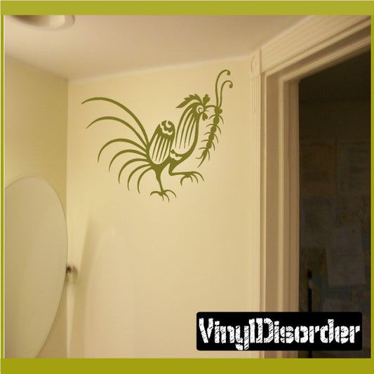 Green rooster wall decal with flowing tail and curled accents