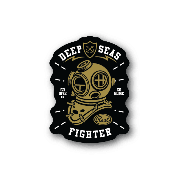 Deep Seas Diver vinyl sticker, gold diver helmet with DEEP SEAS and FIGHTER text