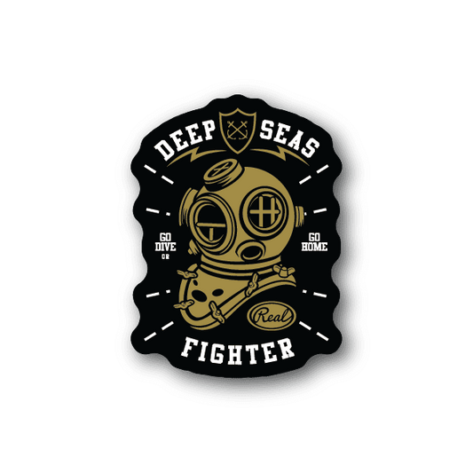 Deep Seas Diver vinyl sticker, gold diver helmet with DEEP SEAS and FIGHTER text