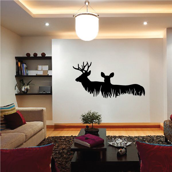 Deer couple tall grass wall decal with black silhouette and antlers