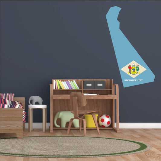 Delaware state flag sticker in blue state-shaped outline, with seal center