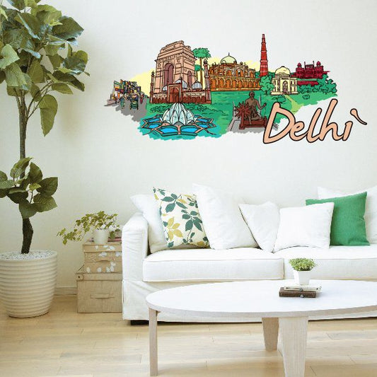Delhi wall sticker with colorful city landmarks and cursive text 'Delhi'