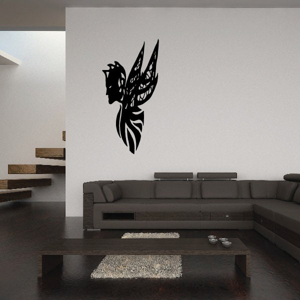 Modern living room with a Demon Decals black and white wings wall accent