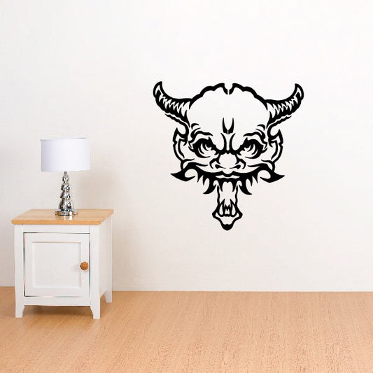 Horned bull demon head wall decal in black line art