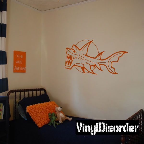 Orange outline demon shark decal with crescent moon