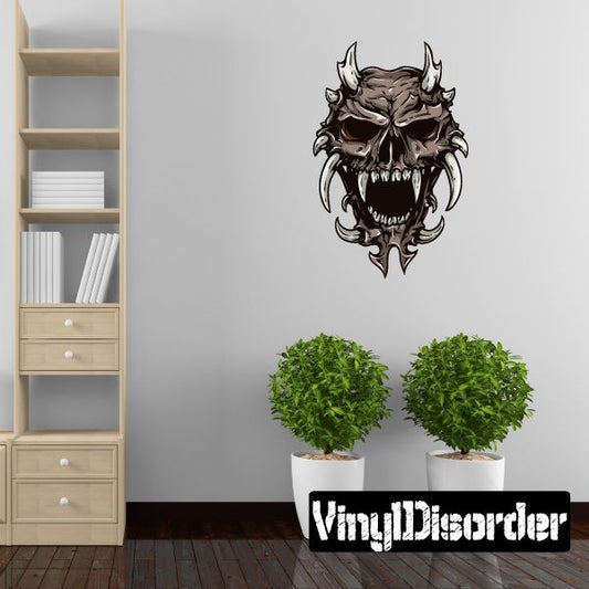 Demon skull sticker with menacing black-and-white skull graphic