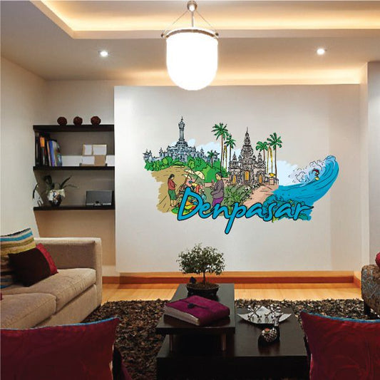 Denpasar sticker wall decal with city skyline, palm trees, and blue wave design