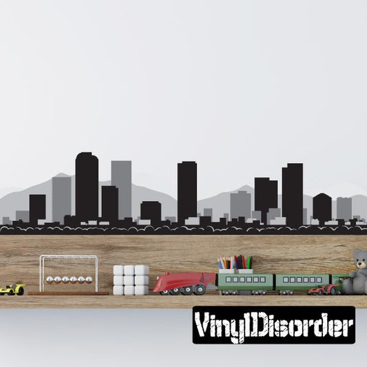 Denver skyline wall decal, dark city silhouette with mountain backdrop