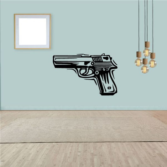 Detailed 9mm handgun decal, black outline pistol graphic