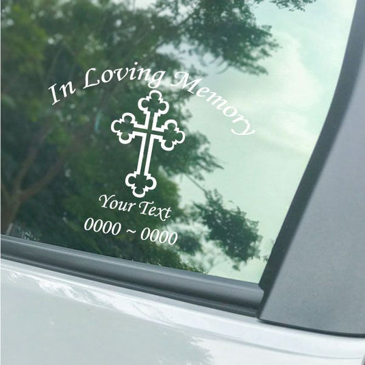 Memorial cross car decal with 'In Loving Memory' lettering and heart accents