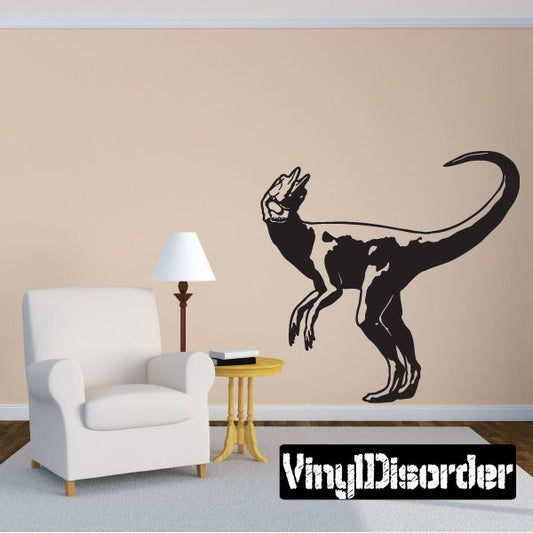 Hungry Dilophosaurus wall decal, black dinosaur silhouette with open mouth and long tail