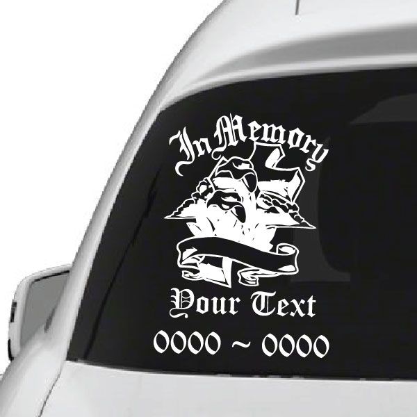Memorial vinyl decal with stylized text, decorative cross, and custom line numbers