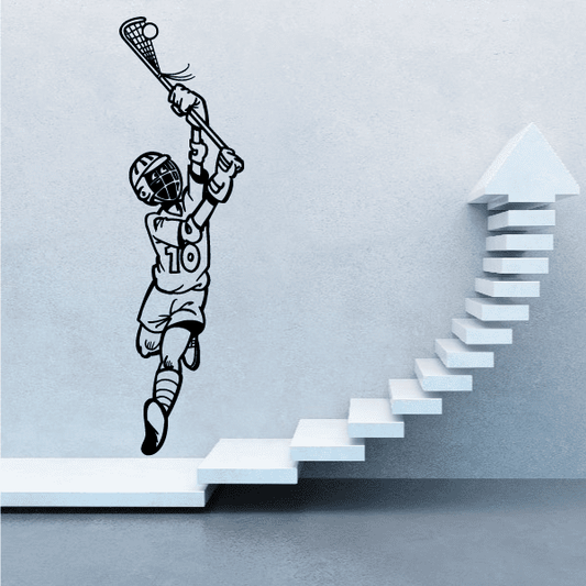 Lacrosse player decal with stick and ball, black-and-white outline