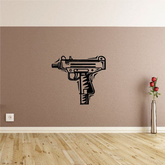 Uzi submachine gun wall decal with detailed black and gray outline