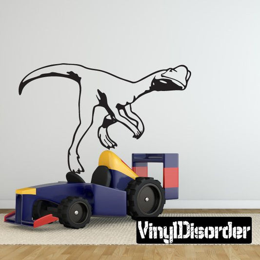 Walking Dilophosaurus vinyl decal, black outline dinosaur with open mouth and hood