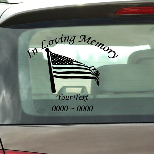 Waving American flag In Loving Memory car decal with customizable text