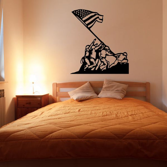 Waving flag wall decal with Iwo Jima-style figures and dark outlines