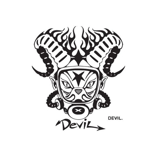 Graffiti-style devil gas mask decal with flames and “Devil” lettering