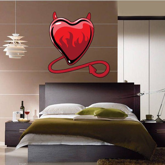 Devil heart Valentine sticker with red horned flame heart and curled tail