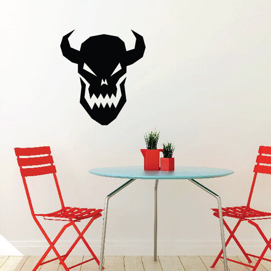 Black devil skull wall decal with horns and jagged teeth