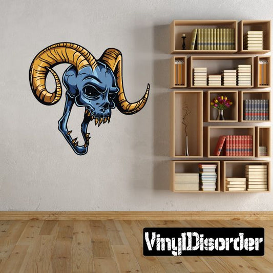 Devil skull wall decal sticker: blue skull with yellow curled horns