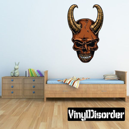 Devil skull wall decal with horns and sunglasses, brown and black vinyl sticker