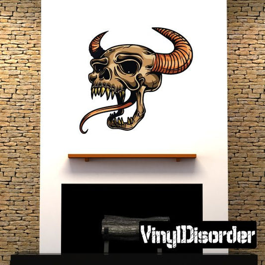 Devil skull vinyl wall decal with orange horns and dark flames