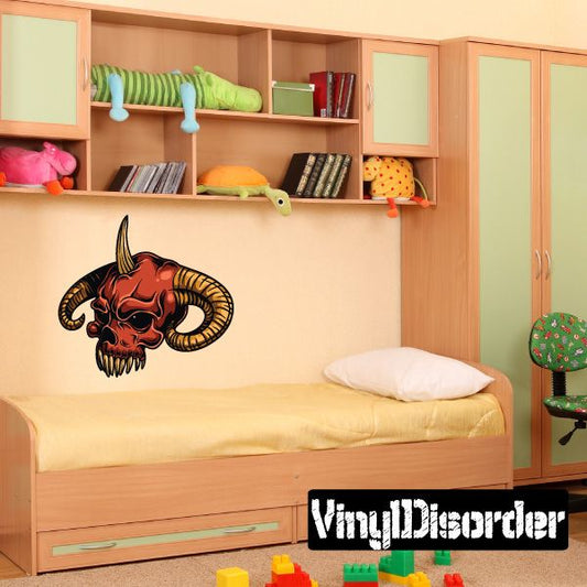 Devil skull wall decal sticker with red face, black horns and outlined horns