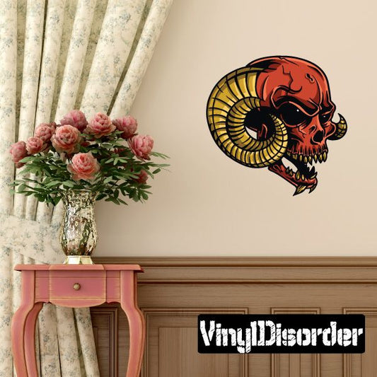 Devil skull wall decal with red skull and black horns, coiled yellow spine, vinyl style