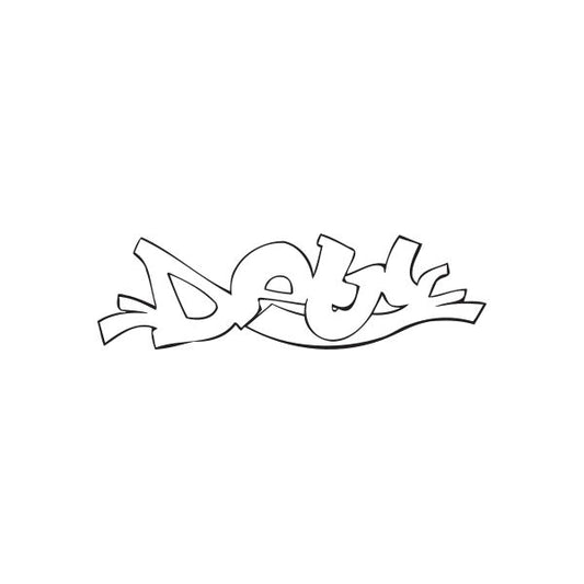 Graffiti decal with stylized dark lettering and graffiti shapes