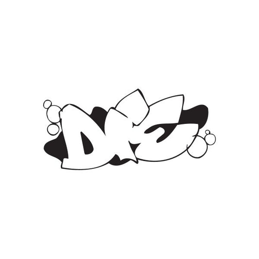 Graffiti decal sticker with bold black-and-white street art lettering and swirl accents