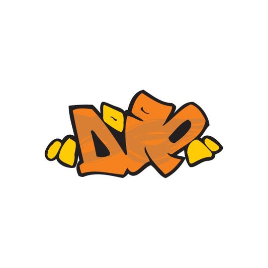 Graffiti sticker with orange and black character letters and yellow highlights