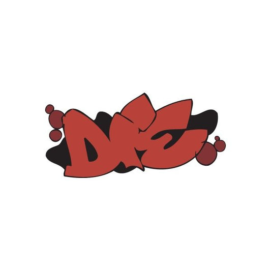 Graffiti sticker with red and black abstract letter shapes and small dot accents