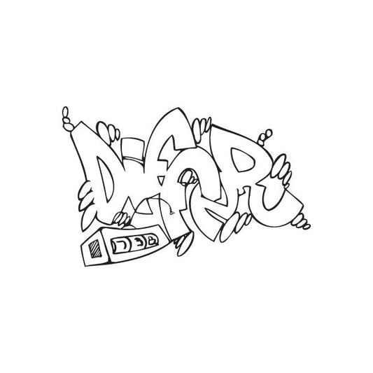 Graffiti decal sticker with black cartoon tag and character accents