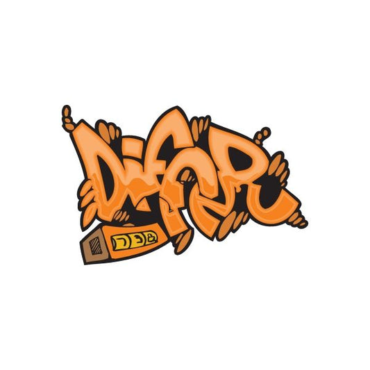 Orange and black graffiti sticker with stylized letters